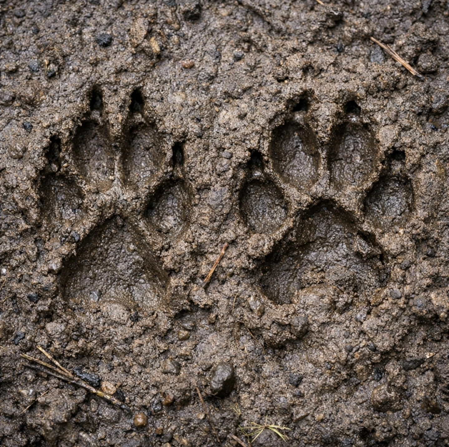 porovnání dvou stop, vpravo velký pes, vlevo vlk, jasně viditelné rozdíly v&nbsp;tvaru, proporcích a&nbsp;směru