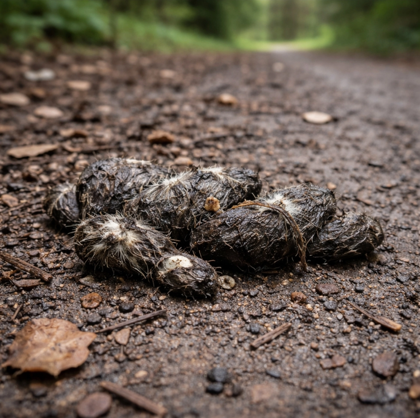 vlčí trus s&nbsp;viditelnými zbytky srsti a&nbsp;kostí