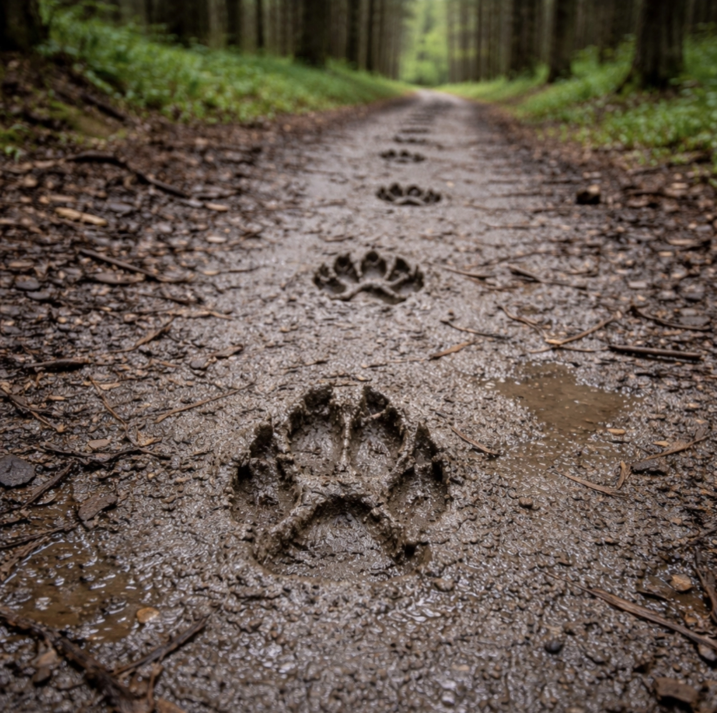 fotografie lesní cesty v&nbsp;lese, viditelné čerstvé stopy vlka v&nbsp;blátě, vedené v&nbsp;přímé linii