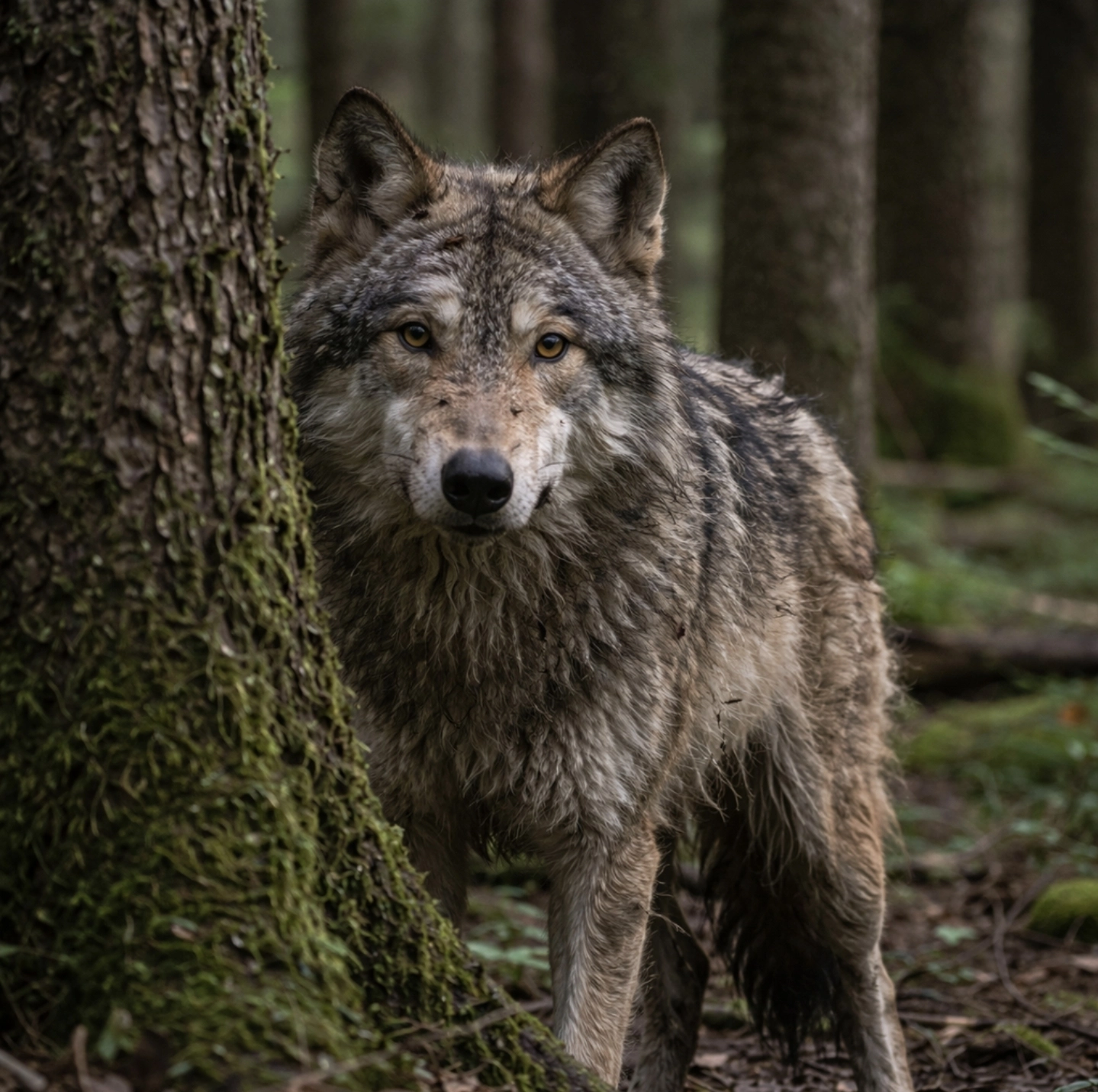 fotografie vlka v&nbsp;lese, lehce skrytý mezi stromy