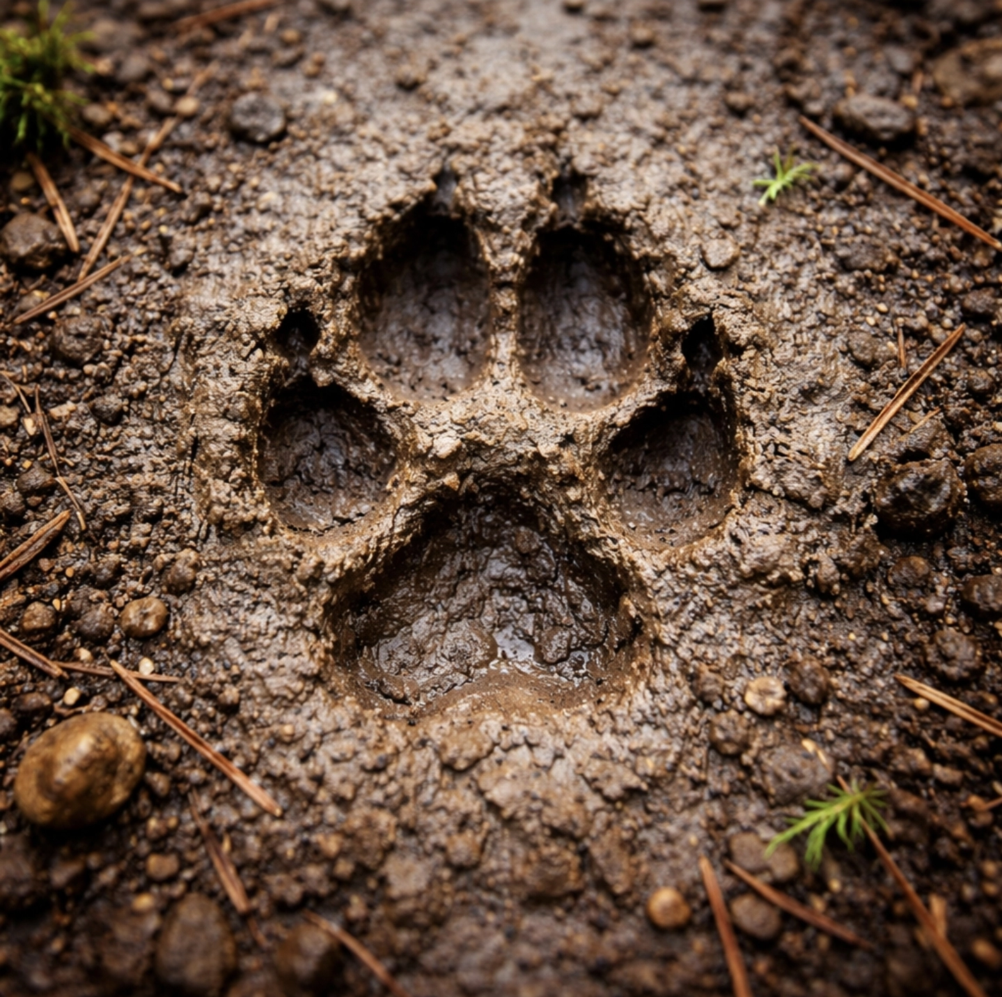 fotografie detailu vlčí stopy v&nbsp;blátě, jasně viditelné proporce