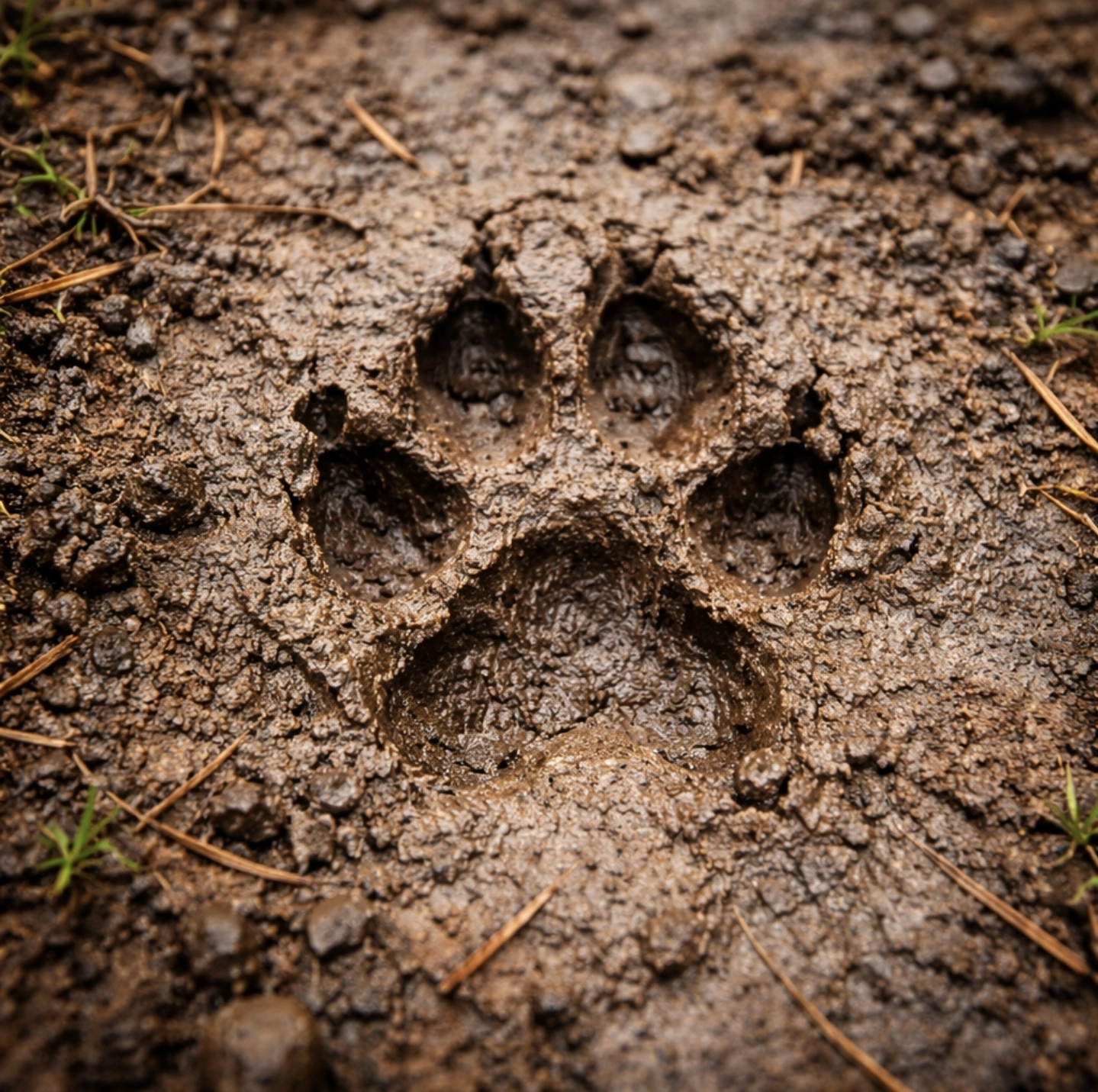 fotografie skutečné psí stopy v&nbsp;blátivém terénu