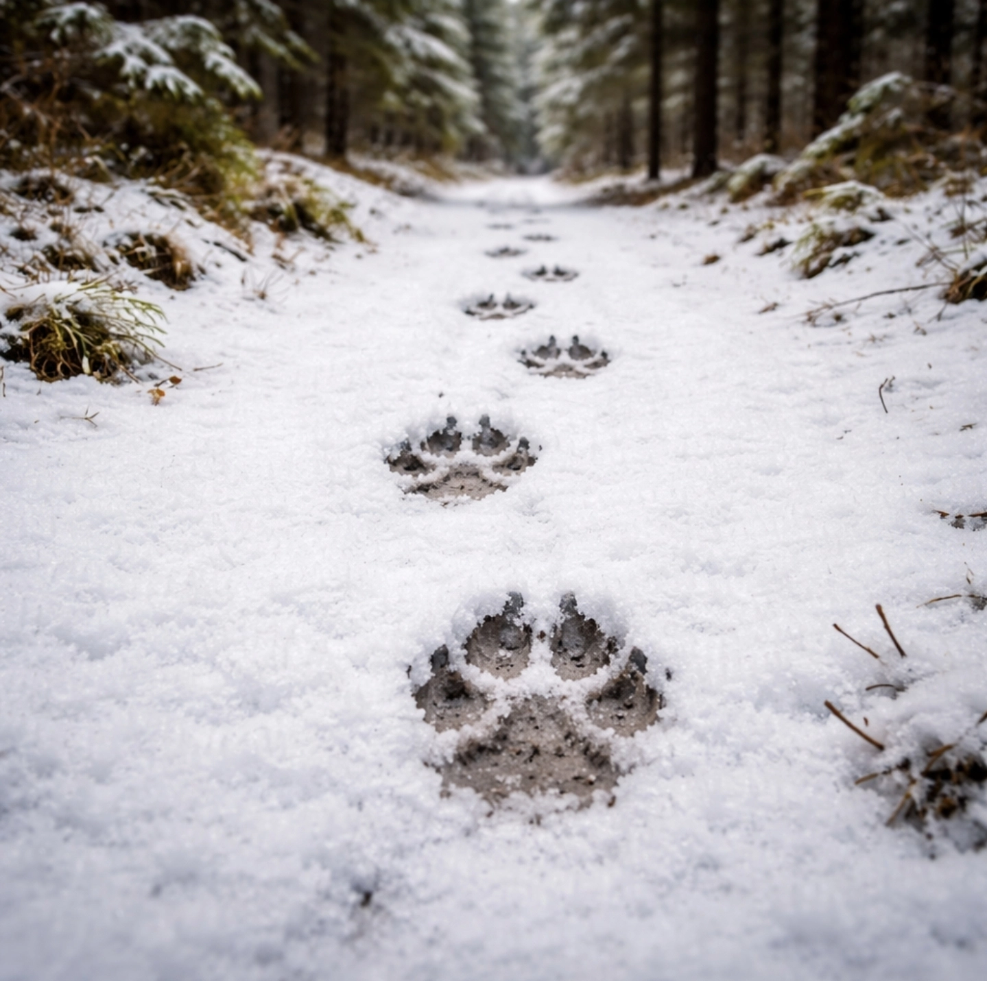 fotografie vlčích stop jdoucích v&nbsp;přímé linii v&nbsp;lese ve&nbsp;sněhu