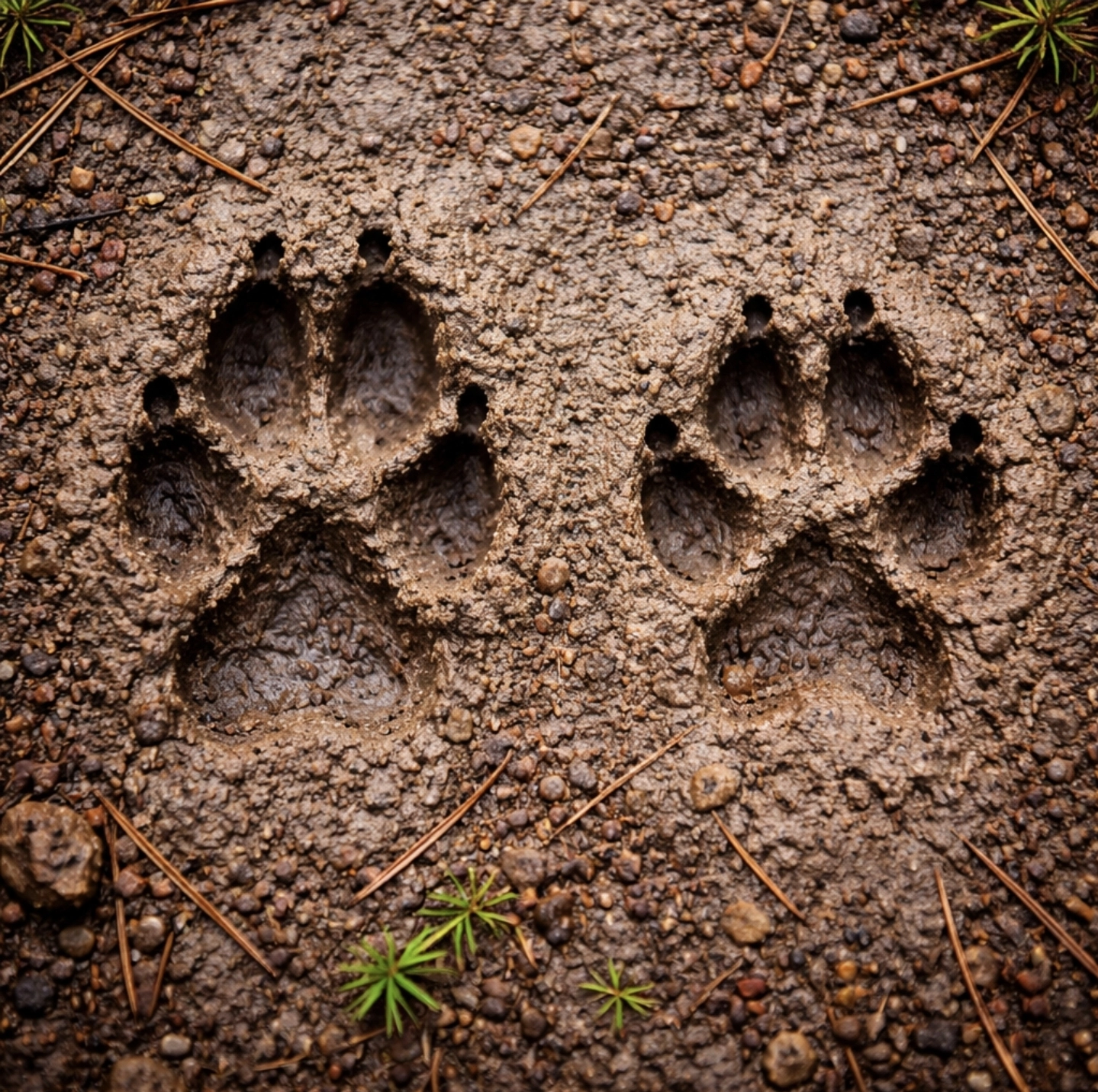 fotografie dvou stop vedle sebe – vlk a&nbsp;pes, jasné rozdíly v&nbsp;tvaru, proporcích a&nbsp;směru