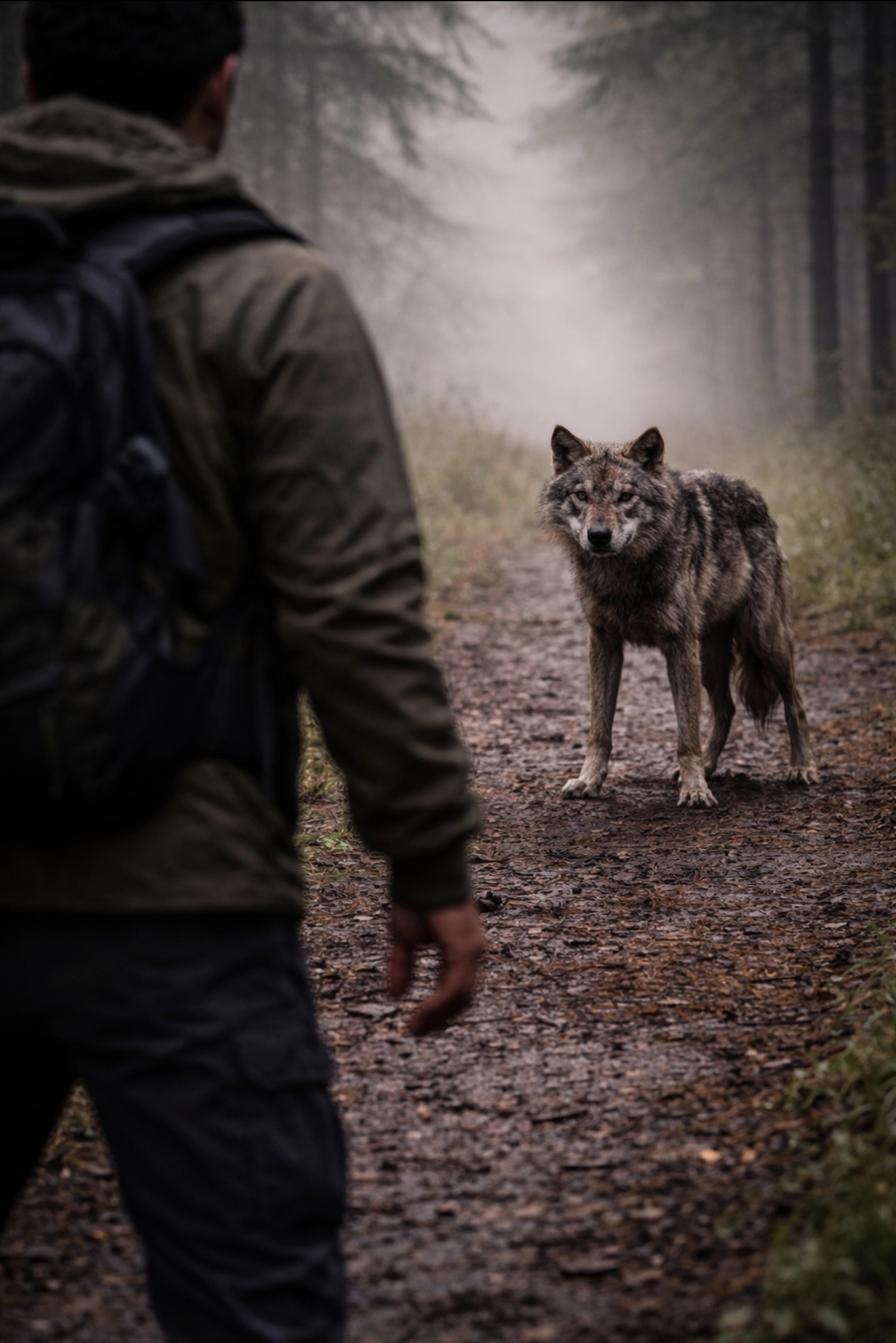 Ústup od vlka, vlk vyčkává a&nbsp;sleduje jak se&nbsp;zachovám