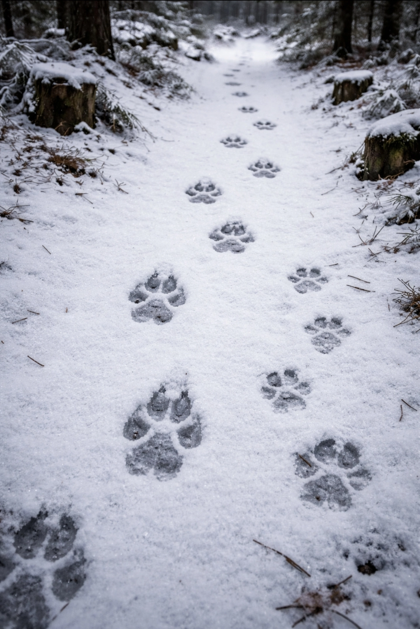 fotografie stop ve&nbsp;sněhu, jasně viditelná stopa vlka (větší, symetrická, v&nbsp;přímé linii) vedle stopy psa (menší, rozhozená, nepravidelná)