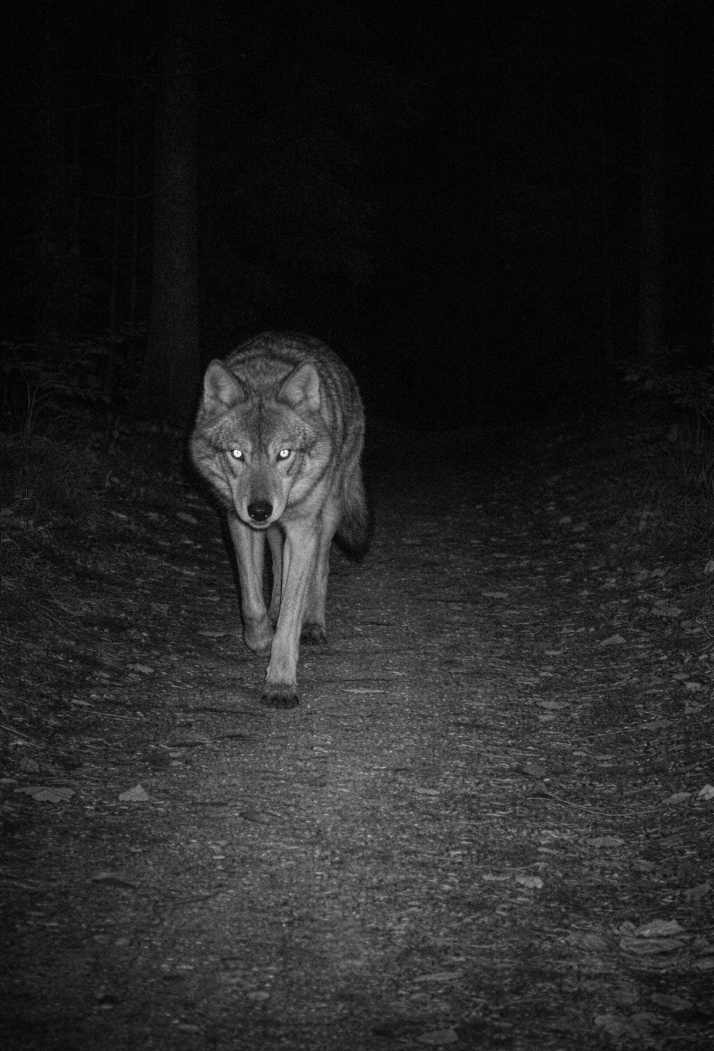 noční fotografie z&nbsp;fotopasti, vlk kráčející po&nbsp;lesní cestě