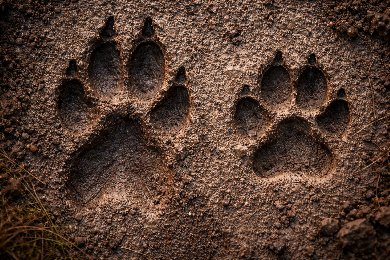 fotografie stopy vlka a&nbsp;psa vedle sebe v&nbsp;blátě, jasně viditelné rozdíly ve&nbsp;tvaru a&nbsp;symetrii