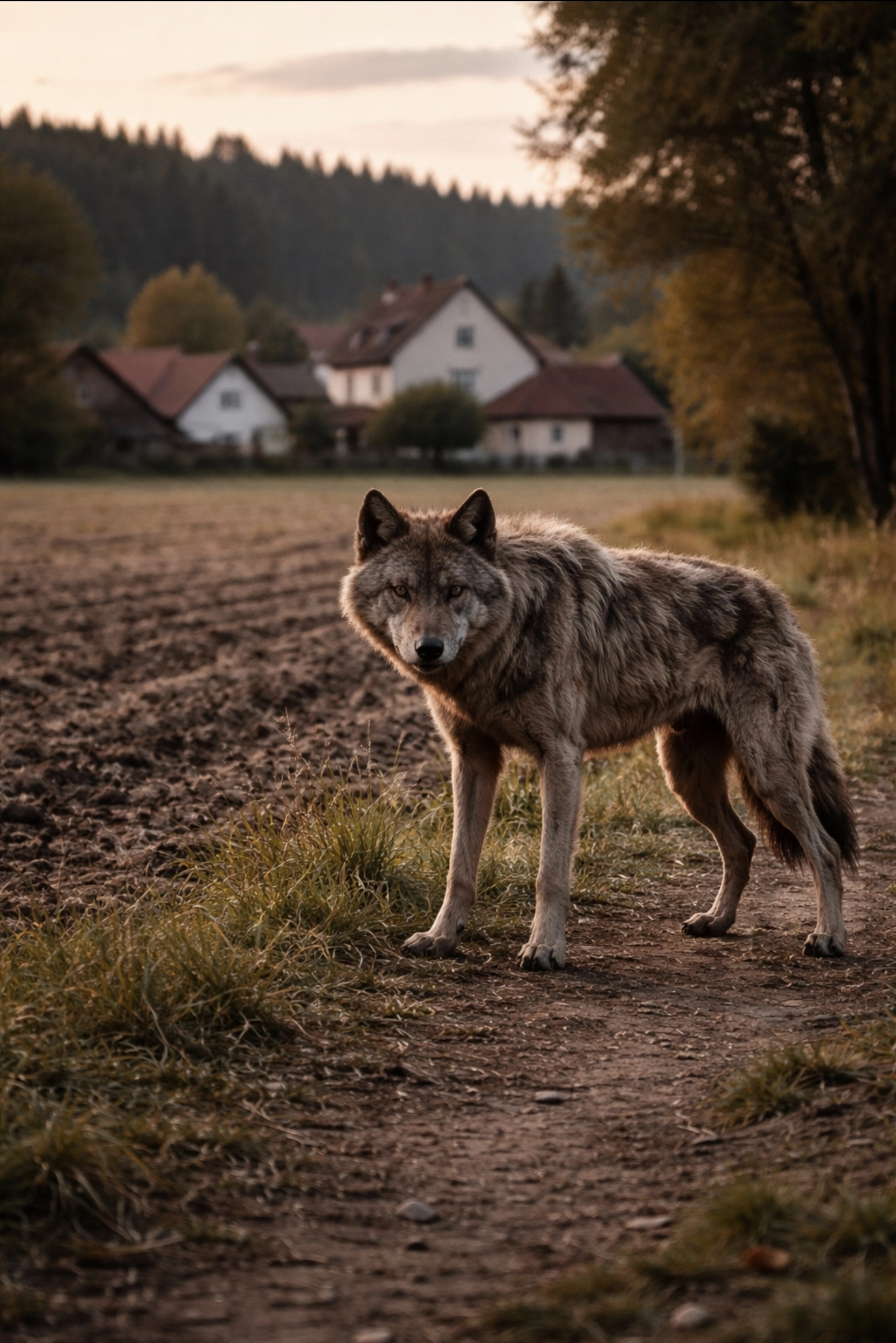 fotografie vlka stojícího na&nbsp;okraji vesnice v&nbsp;ČR, pole a&nbsp;domy v&nbsp;pozadí