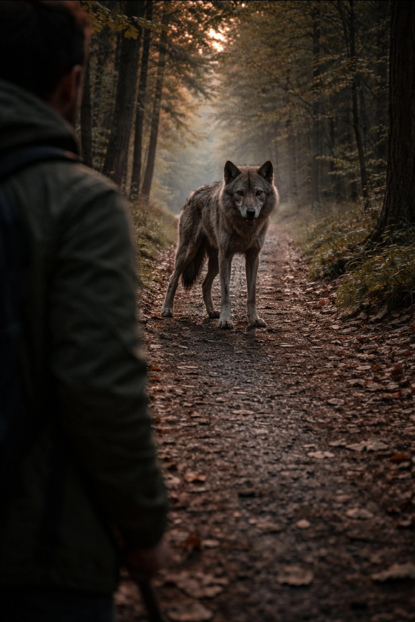 fotografie na&nbsp;lesní cestě v&nbsp;ČR, vlk stojí cca 40&nbsp;metrů před&nbsp;mnou a&nbsp;sleduje mě