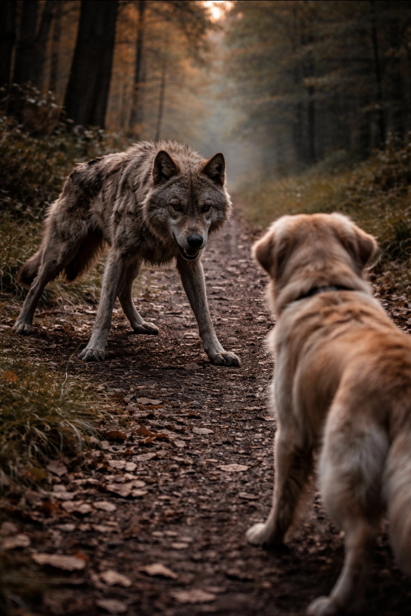 fotografie vlka a&nbsp;psa stojících proti sobě v&nbsp;přírodě, napjatá atmosféra