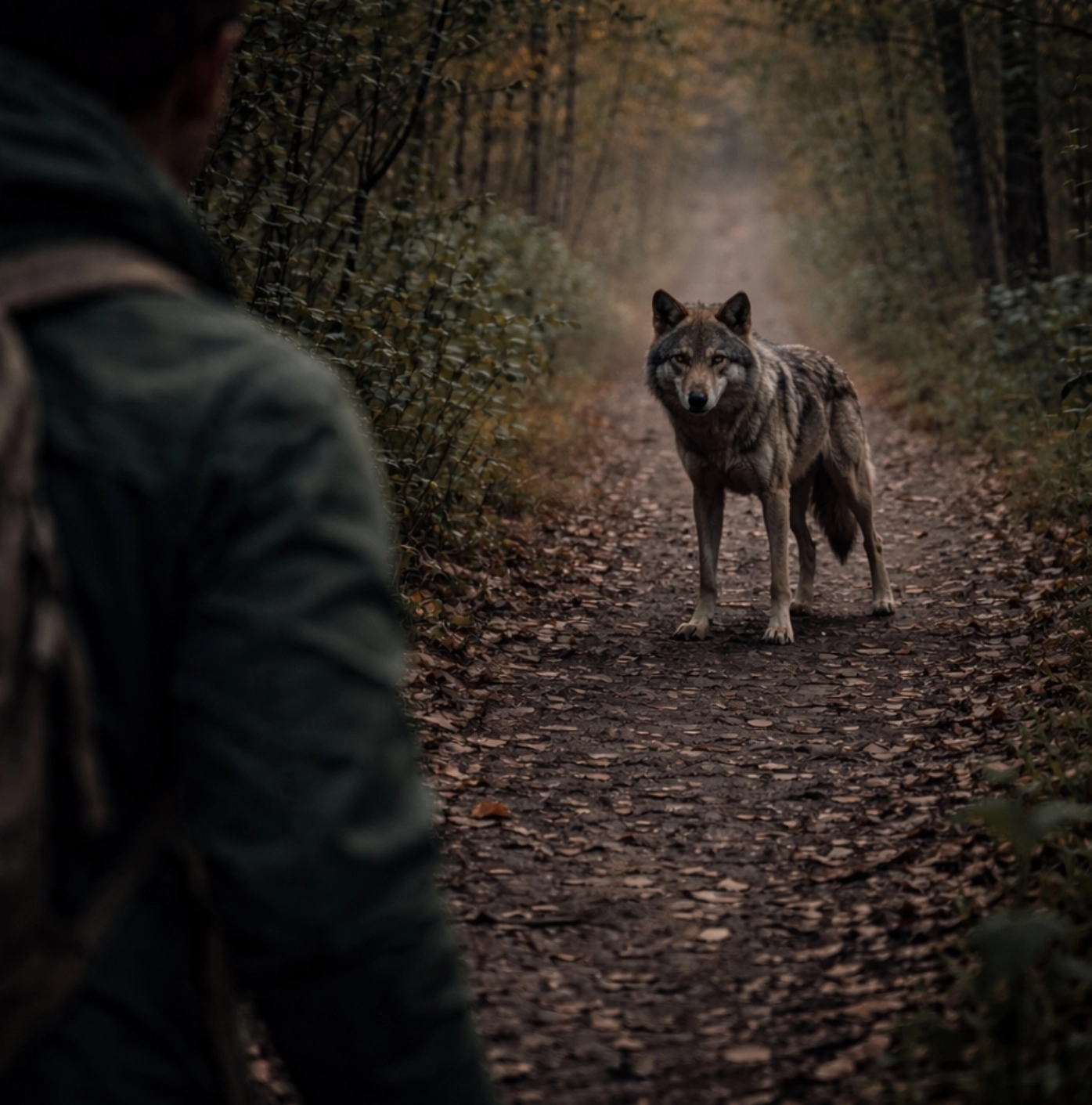 setkání člověka a&nbsp;vlka na&nbsp;lesní cestě v&nbsp;Česku podvečer