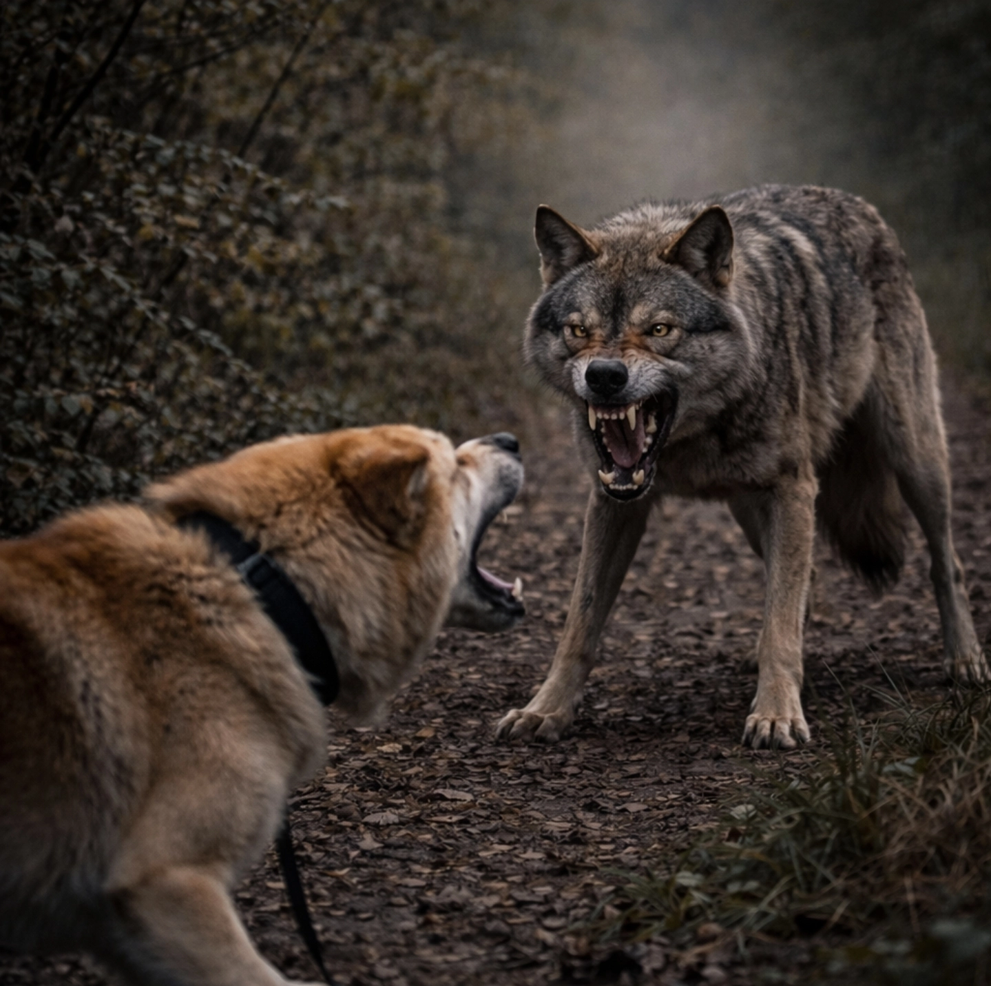 vlk a&nbsp;pes stojící proti sobě v&nbsp;přírodě střední Evropy napjatá situace