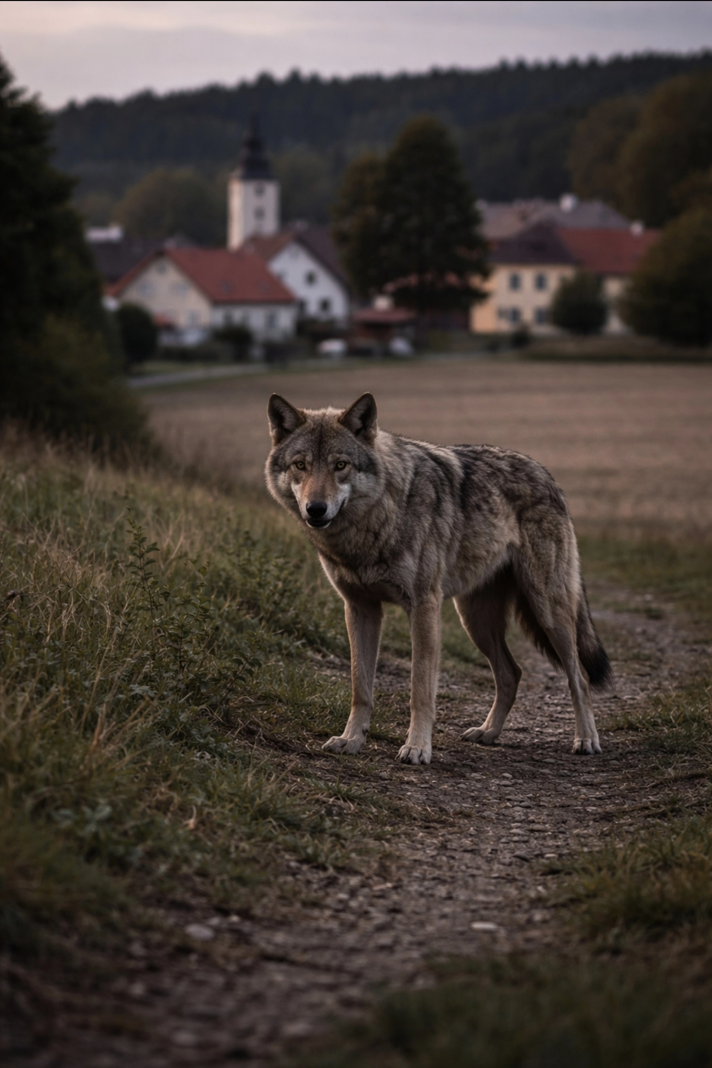 vlk na&nbsp;okraji vesnice v&nbsp;ČR pole a&nbsp;domy v&nbsp;pozadí podvečer