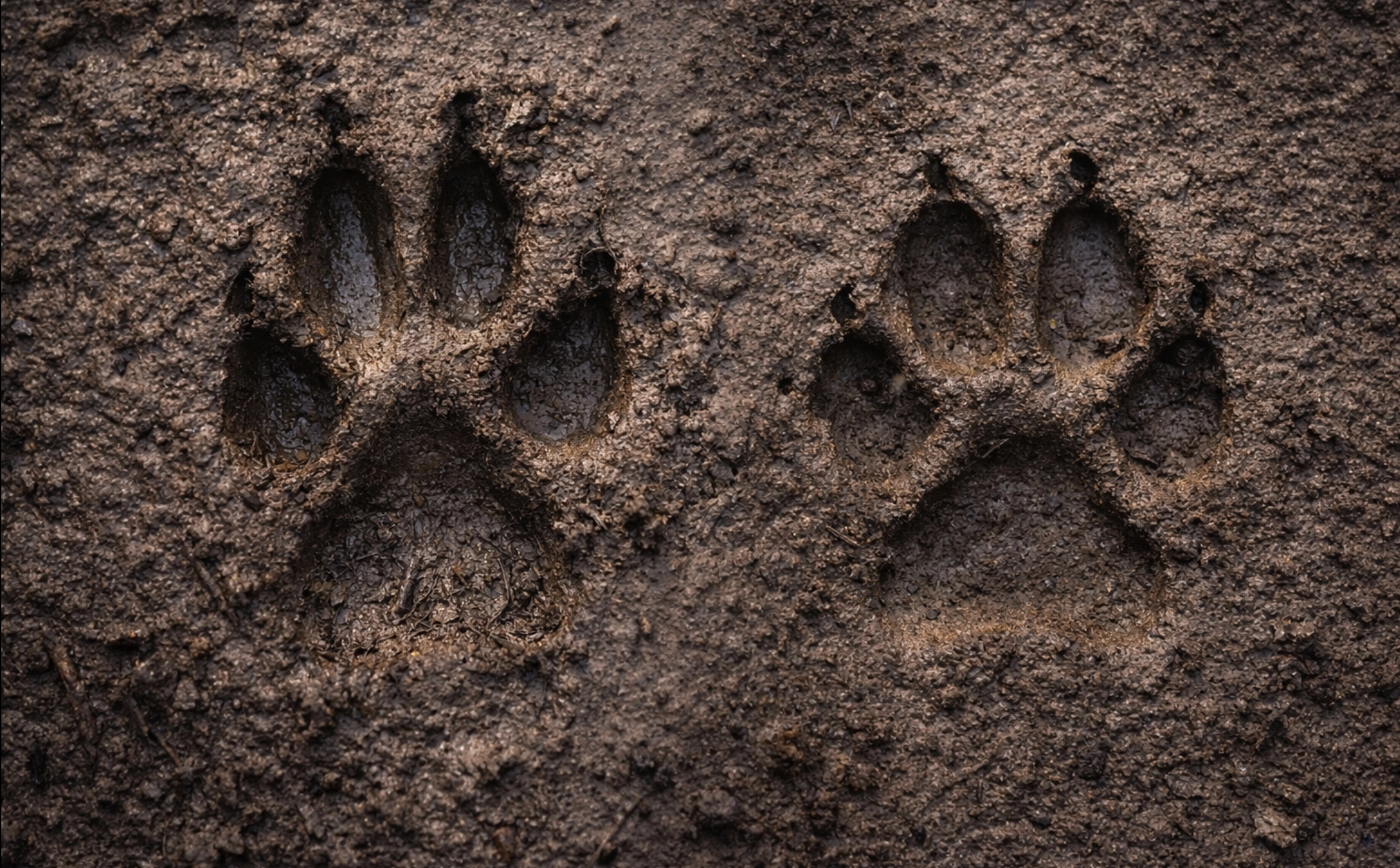 stopy vlka a&nbsp;psa vedle sebe rozdíl tvaru a&nbsp;symetrie v&nbsp;blátě