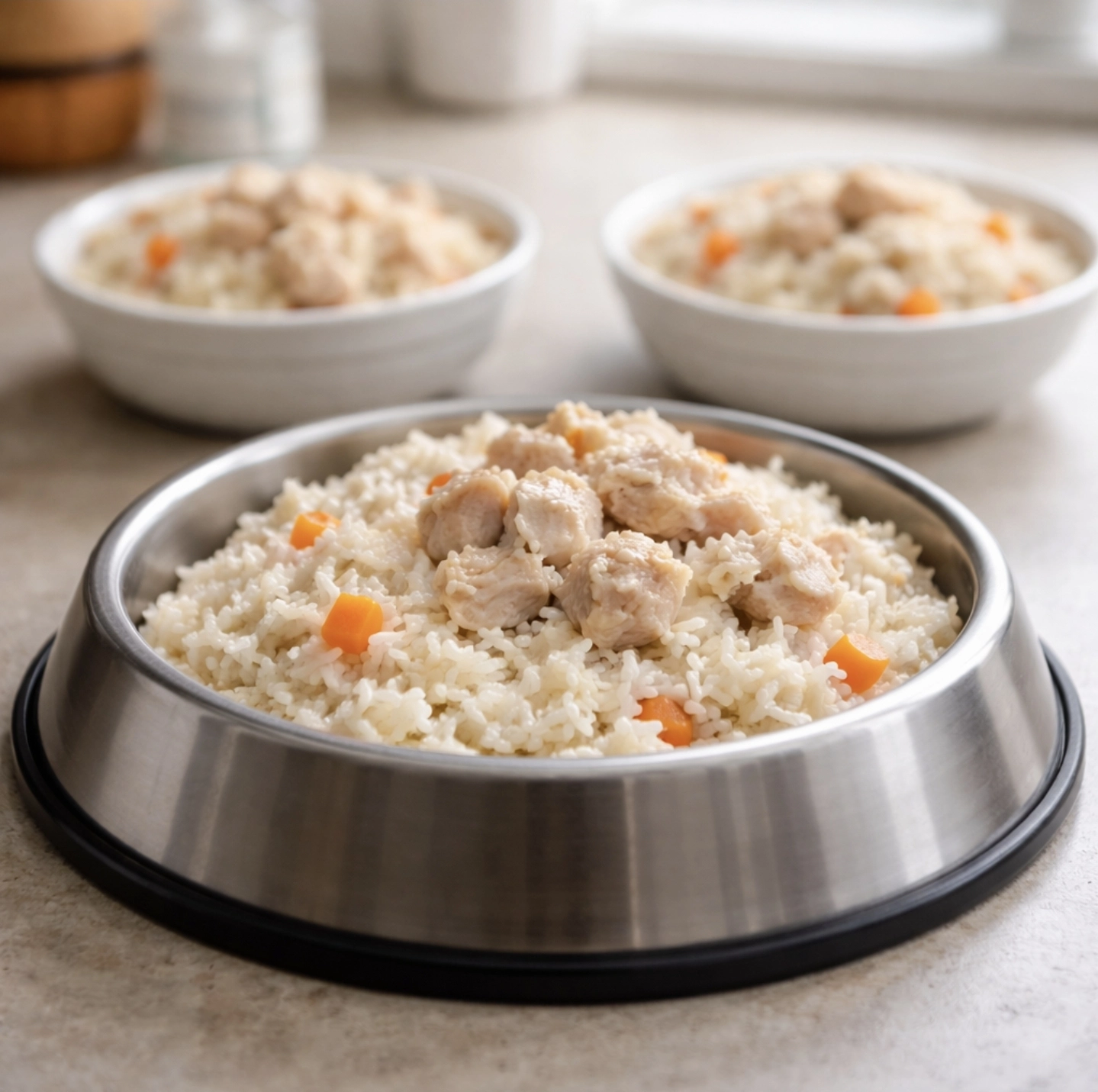 fotografie domácí kuchyně, miska se&nbsp;směsí vařené bílé rýže a&nbsp;jemně natrhaného vařeného kuřecího masa bez kůže