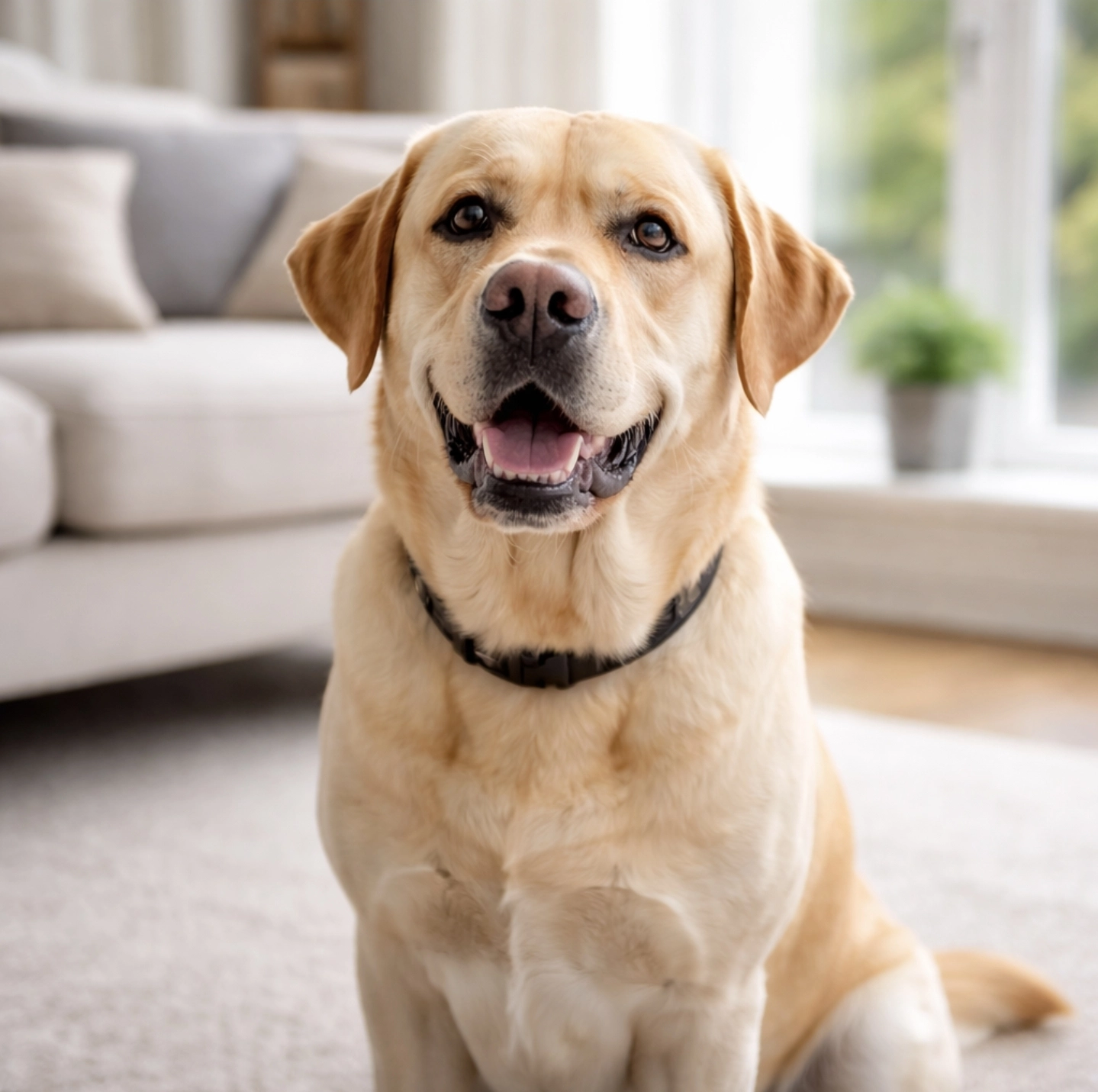 fotografie středně velkého psa v&nbsp;obýváku, pes sedí, vypadá aktivně a&nbsp;pozorně