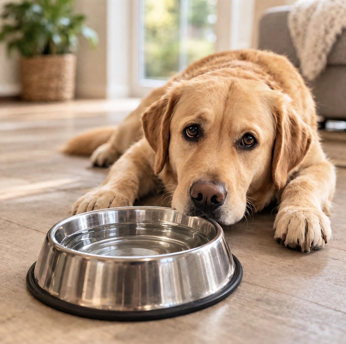 fotografie psí misky s&nbsp;čistou vodou na&nbsp;podlaze v&nbsp;domácnosti