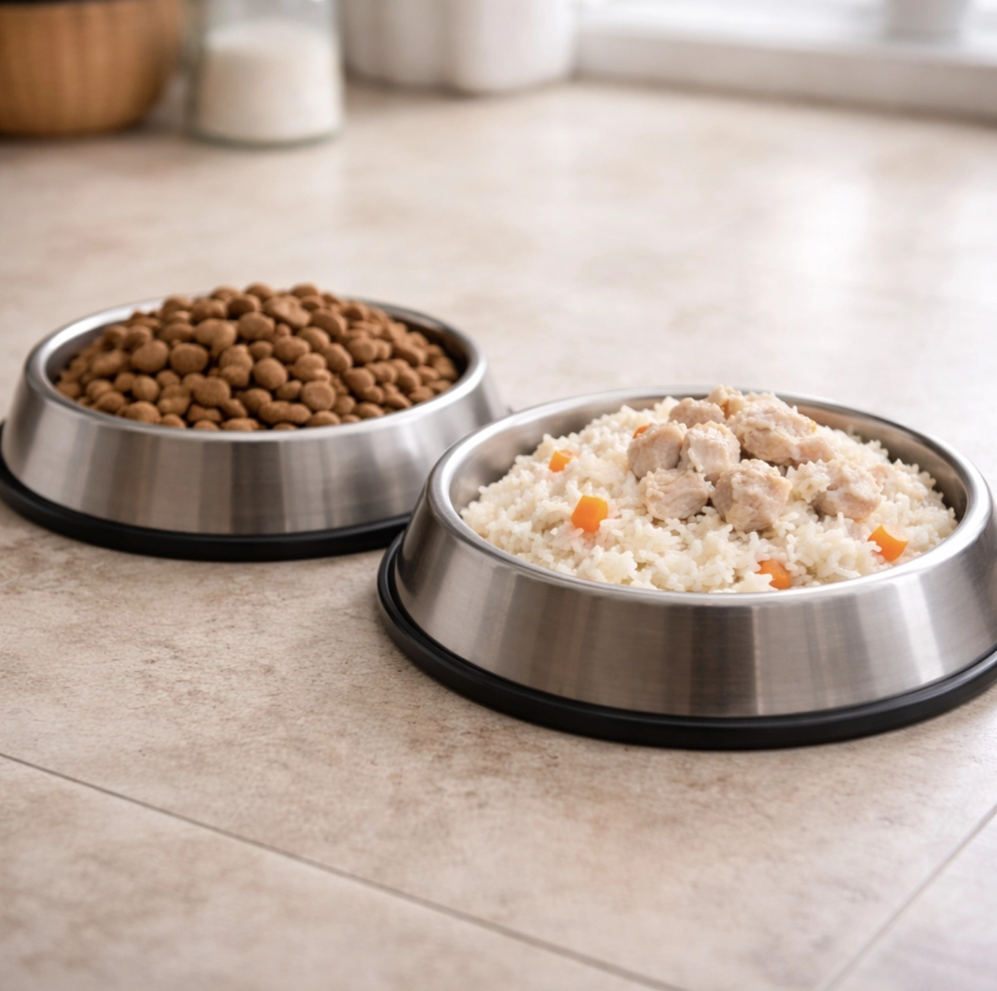 fotografie misky se&nbsp;suchými granulemi vedle misky s&nbsp;rýží a&nbsp;kuřecím masem