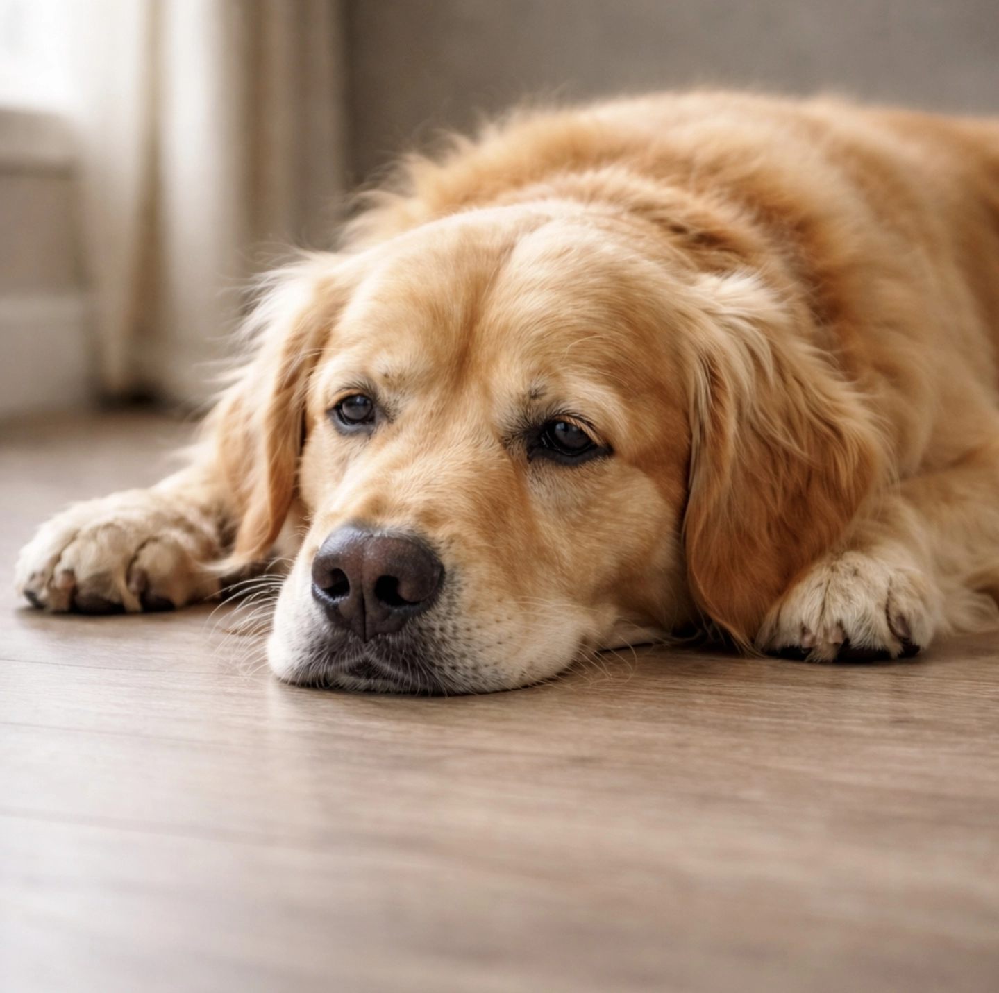 fotografie psa ležícího na&nbsp;podlaze v&nbsp;domácnosti, pes působí unaveně a&nbsp;apaticky, hlava položená, bez zájmu o&nbsp;okolí