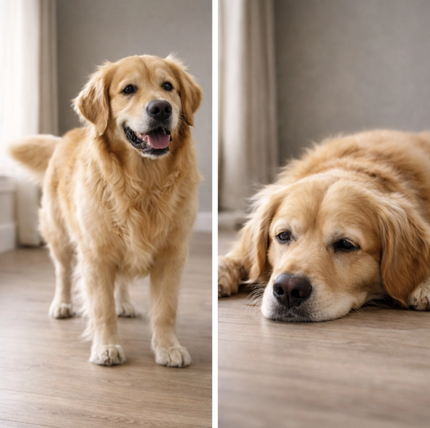 fotografie dvou scén vedle sebe – vlevo aktivní pes v&nbsp;domácnosti, stojí a&nbsp;reaguje, vpravo stejný pes leží apaticky, hlava dole, bez energie