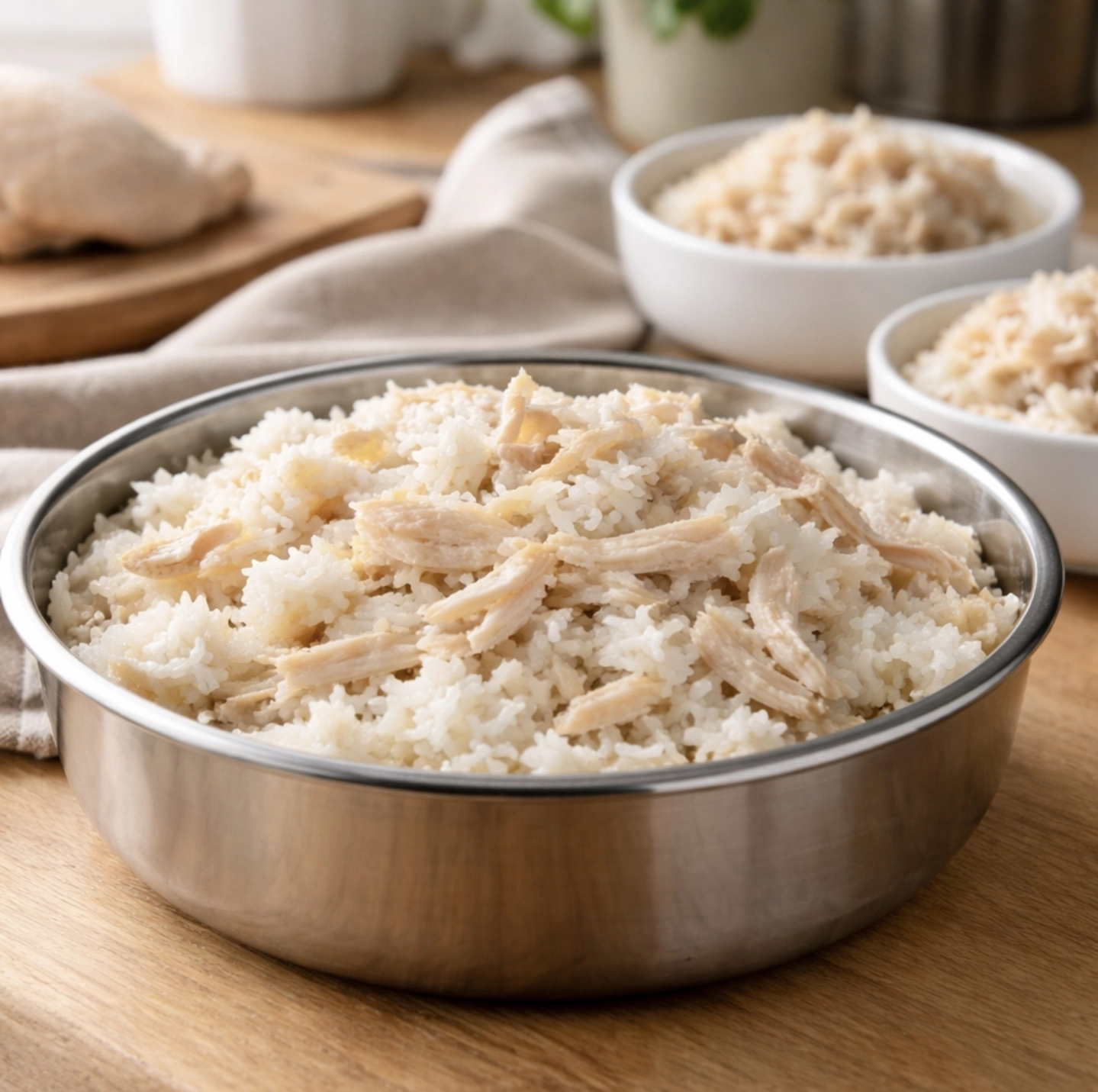 fotografie domácí kuchyně, miska se&nbsp;směsí vařené bílé rýže a&nbsp;jemně natrhaného vařeného kuřecího masa bez kůže, vedle menší porce připravené v&nbsp;dalších miskách