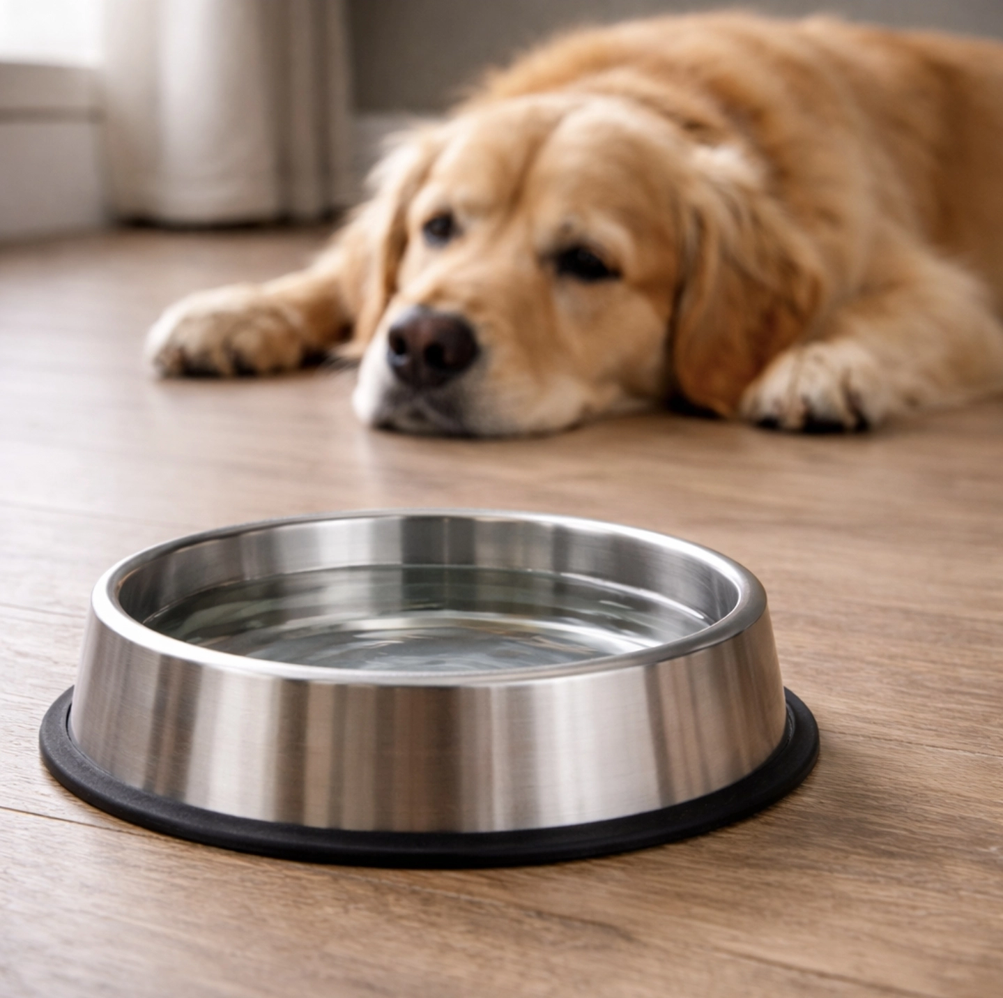 fotografie psí misky s&nbsp;čistou vodou na&nbsp;podlaze v&nbsp;domácnosti