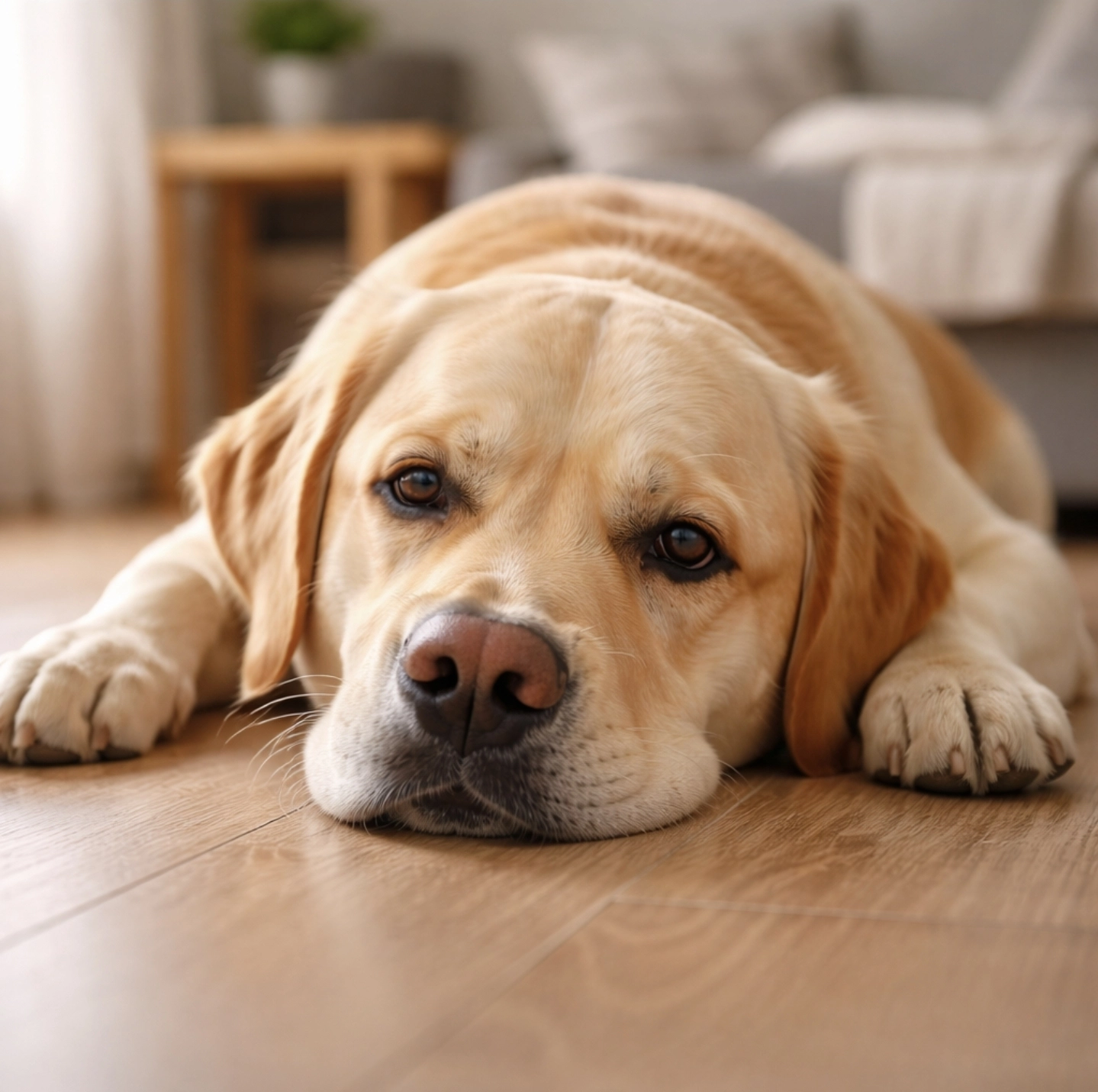 fotografie psa ležícího na&nbsp;podlaze v&nbsp;domácnosti, pes působí unaveně a&nbsp;apaticky, hlava položená