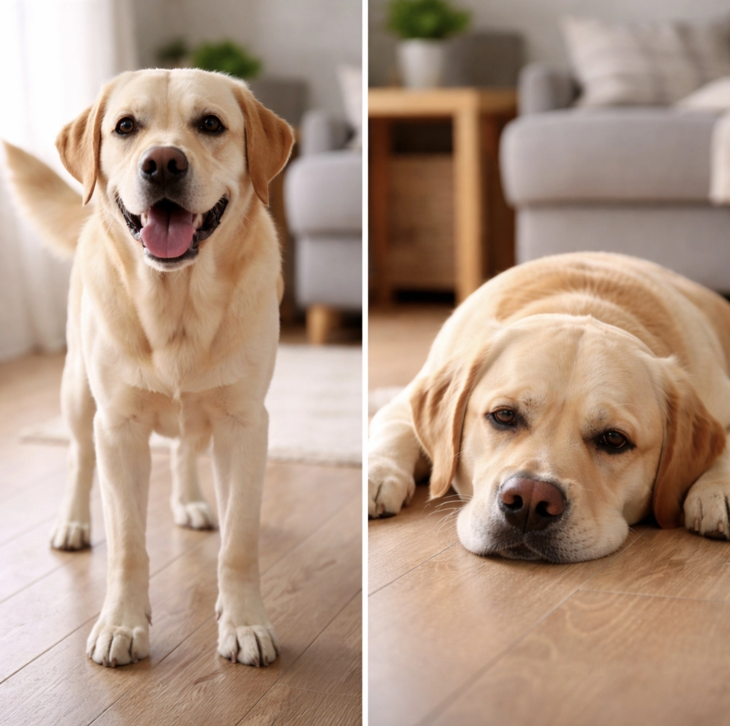 fotografie dvou scén vedle sebe – vlevo aktivní pes v&nbsp;domácnosti, stojí a&nbsp;reaguje, vpravo stejný pes leží apaticky, hlava dole, bez energie