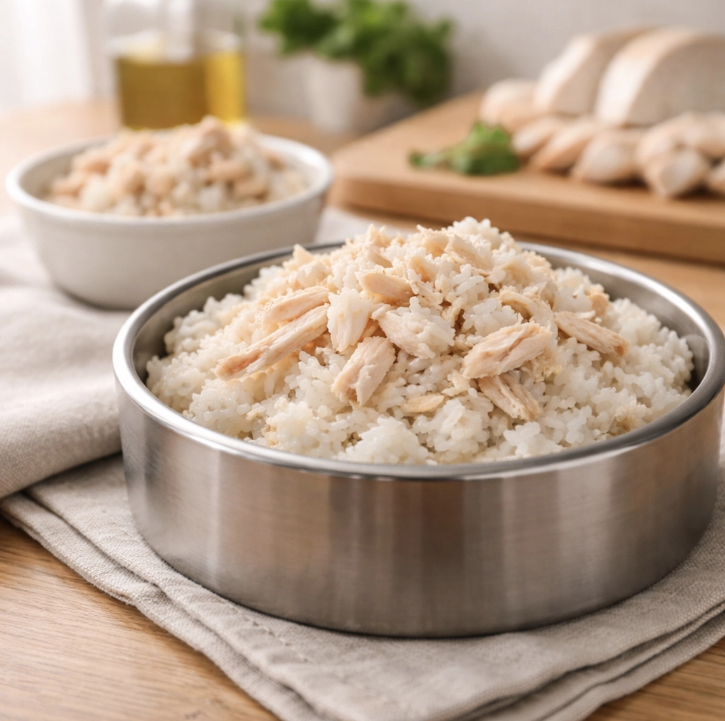 fotografie domácí kuchyně, miska se&nbsp;směsí vařené bílé rýže a&nbsp;jemně natrhaného vařeného kuřecího masa bez kůže, vedle menší porce připravené v&nbsp;dalších miskách