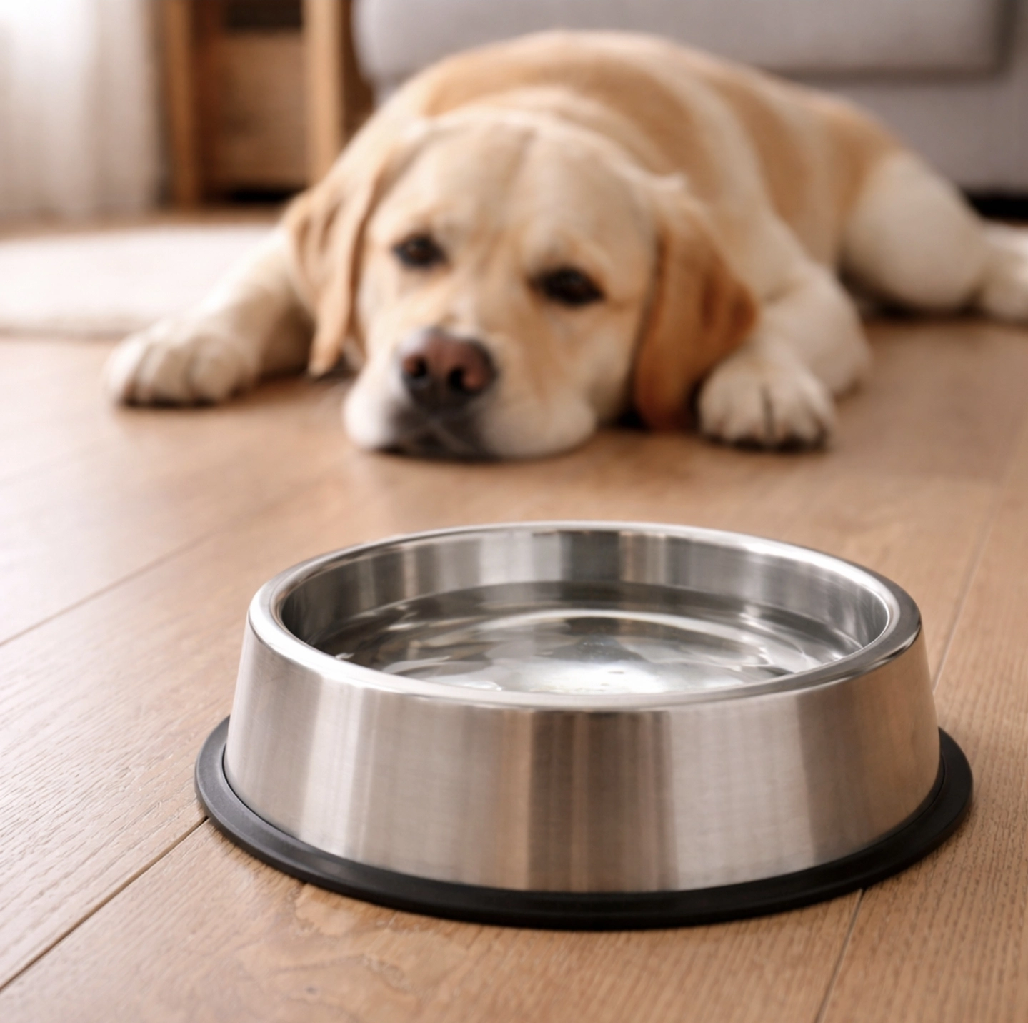 fotografie psí misky s&nbsp;čistou vodou na&nbsp;podlaze v&nbsp;domácnosti